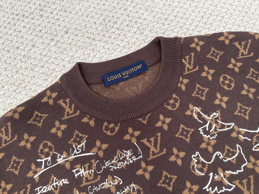 LOUIS VUITTON 路易威登 FW23 Logo字母涂鸦满印圆领休闲 针织衫 长袖 套头 男款 棕色 1ABXYW