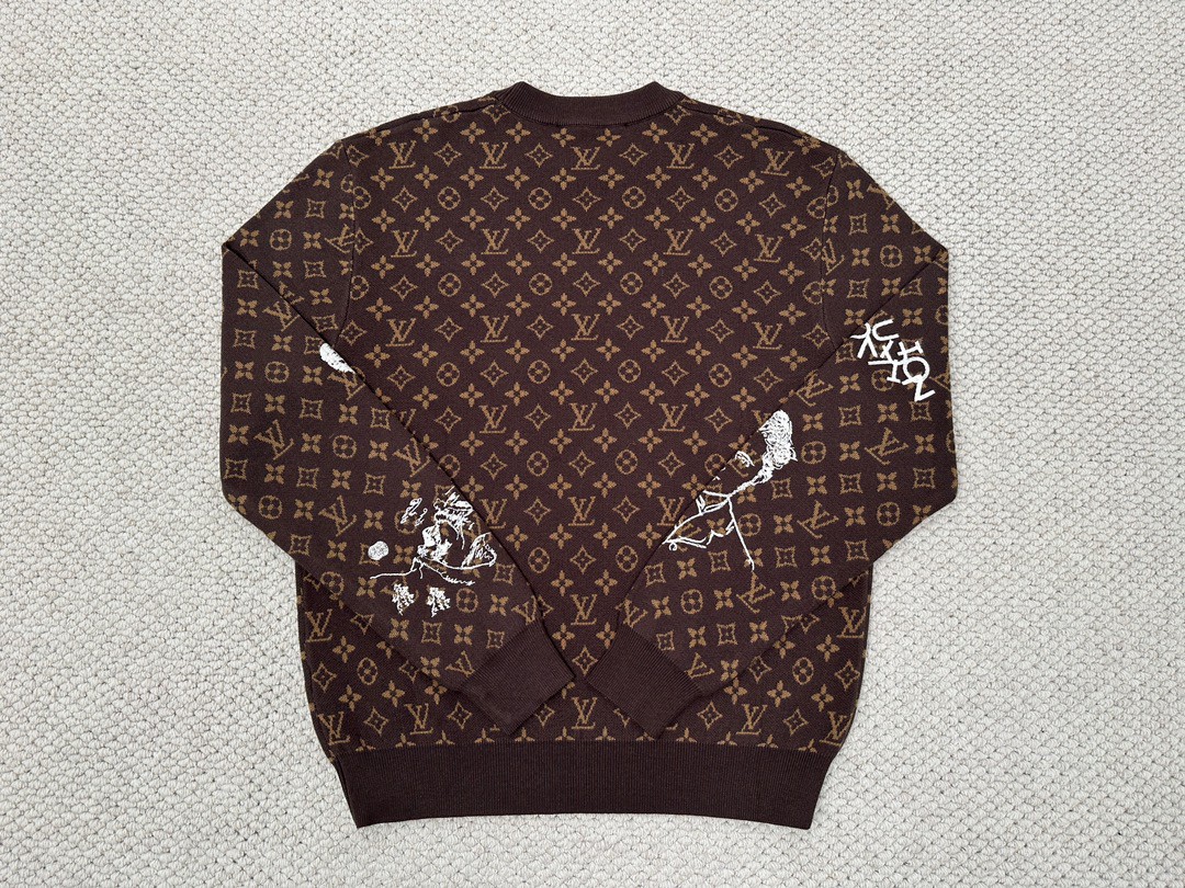 LOUIS VUITTON 路易威登 FW23 Logo字母涂鸦满印圆领休闲 针织衫 长袖 套头 男款 棕色 1ABXYW