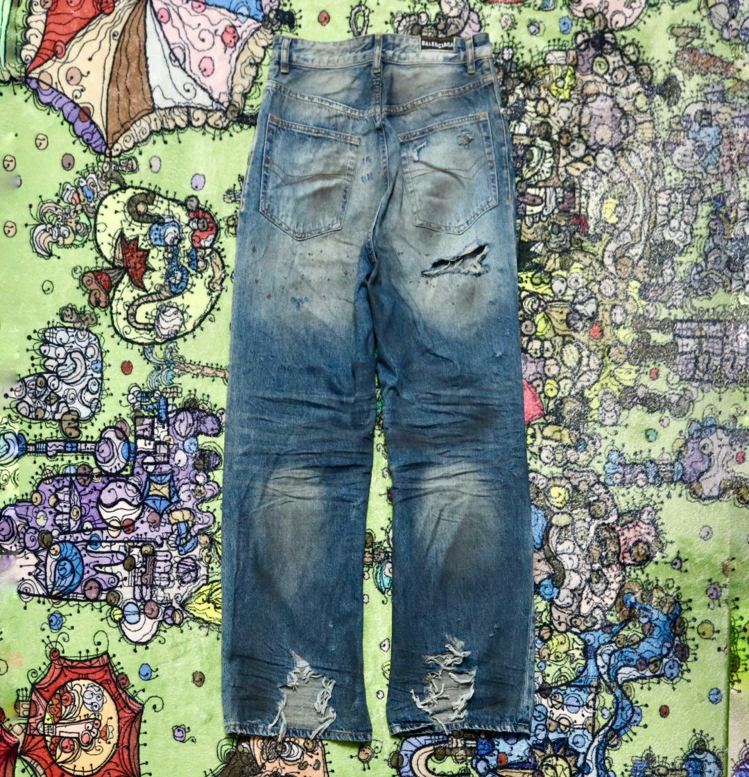 Balenciaga 巴黎世家 褶皱做旧纽扣破洞 牛仔裤 长裤 男款 蓝色