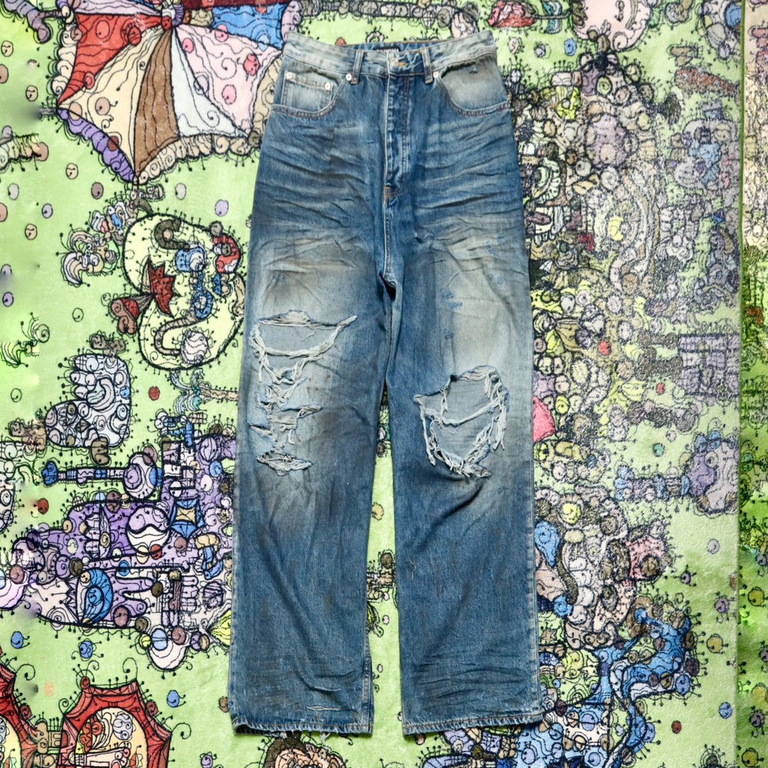 Balenciaga 巴黎世家 褶皱做旧纽扣破洞 牛仔裤 长裤 男款 蓝色