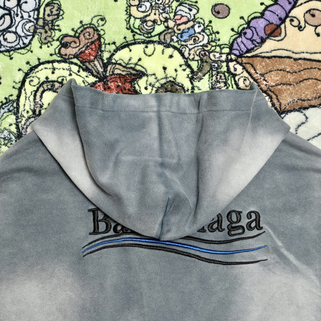 Balenciaga 巴黎世家 波浪字母刺绣Logo 扎染连帽拉链卫衣 宽松 男女同款 灰色