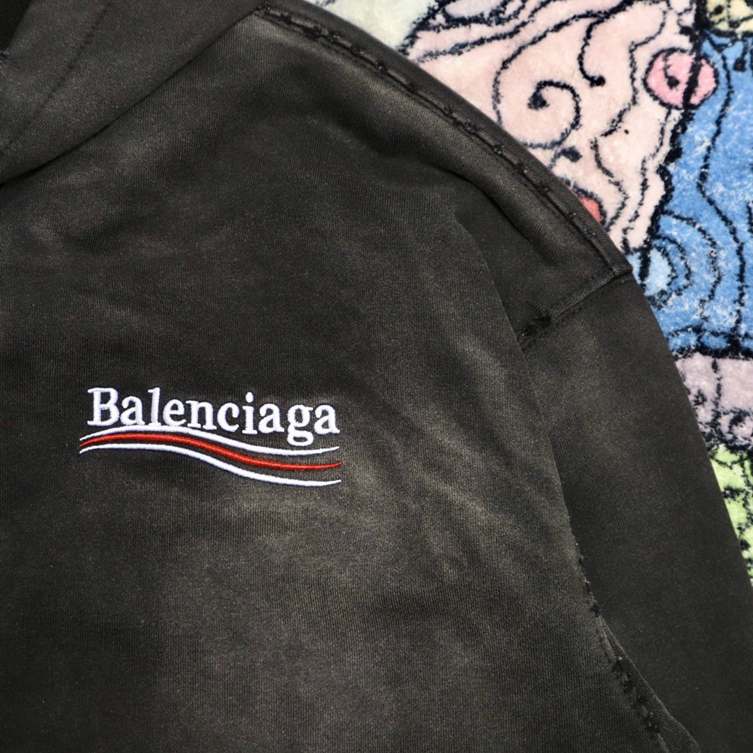 Balenciaga 巴黎世家 波浪字母刺绣Logo 扎染连帽拉链卫衣 宽松 男女同款 黑色