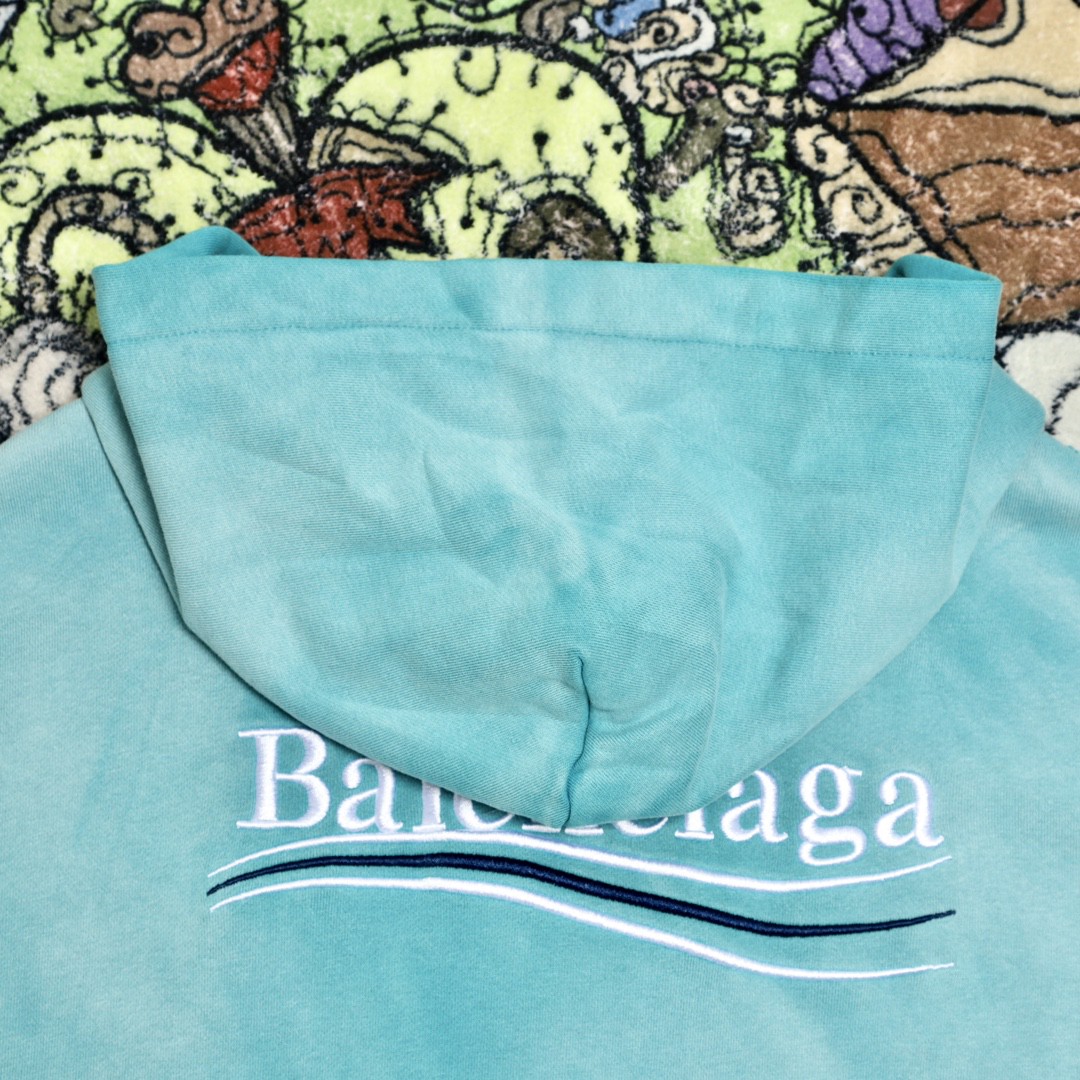 Balenciaga 巴黎世家 波浪字母刺绣Logo 扎染连帽拉链卫衣 宽松 男女同款 蓝色