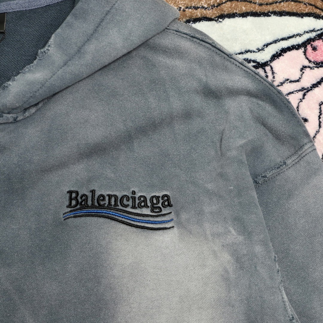 Balenciaga 巴黎世家 波浪字母刺绣Logo 扎染连帽拉链卫衣 宽松 男女同款 灰色