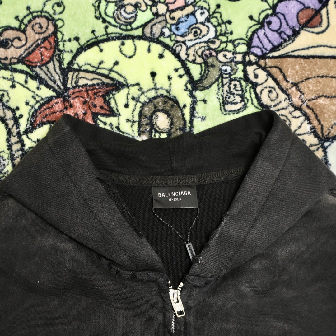 Balenciaga 巴黎世家 波浪字母刺绣Logo 扎染连帽拉链卫衣 宽松 男女同款 黑色
