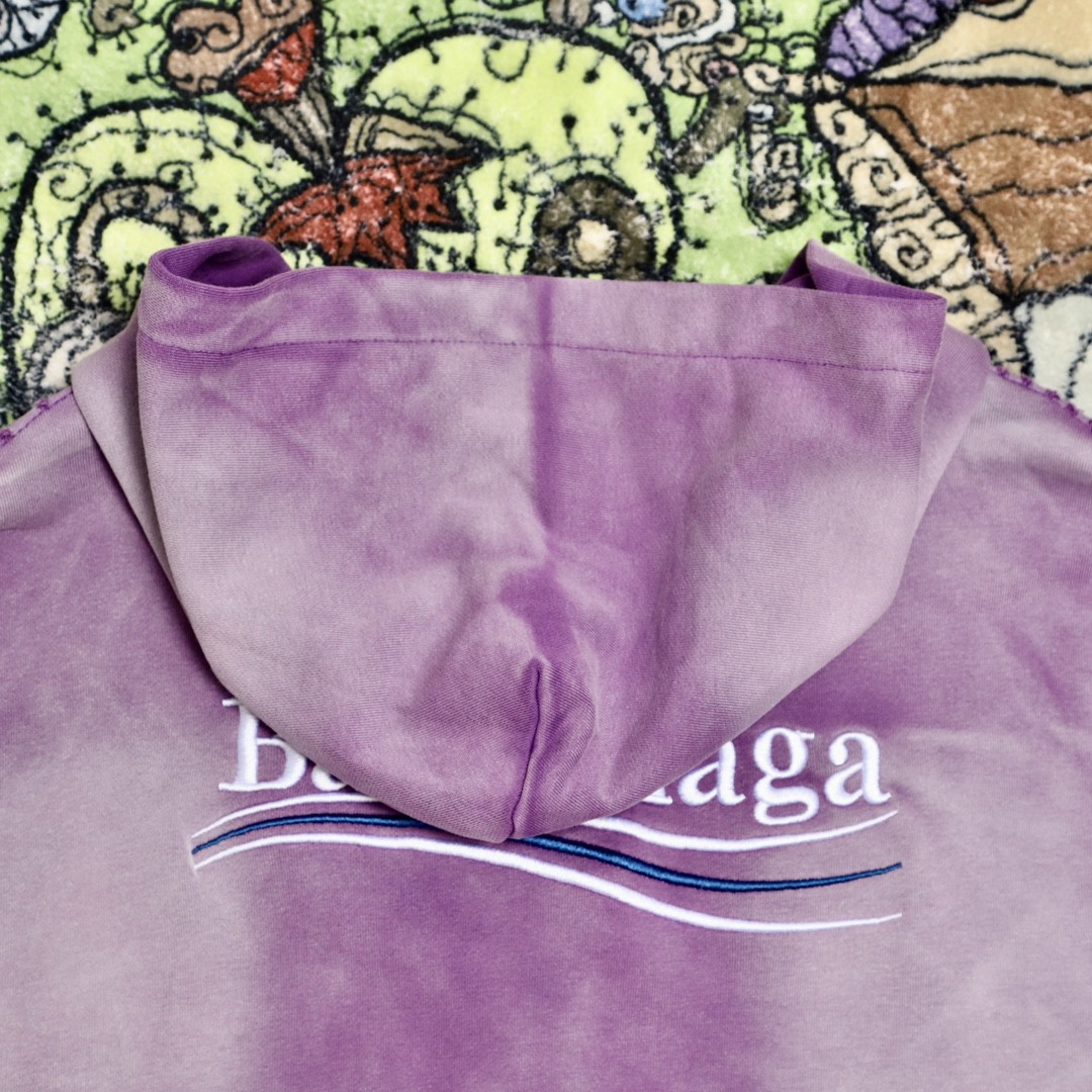 Balenciaga 巴黎世家 波浪字母刺绣Logo 扎染连帽拉链卫衣 宽松 男女同款 紫色