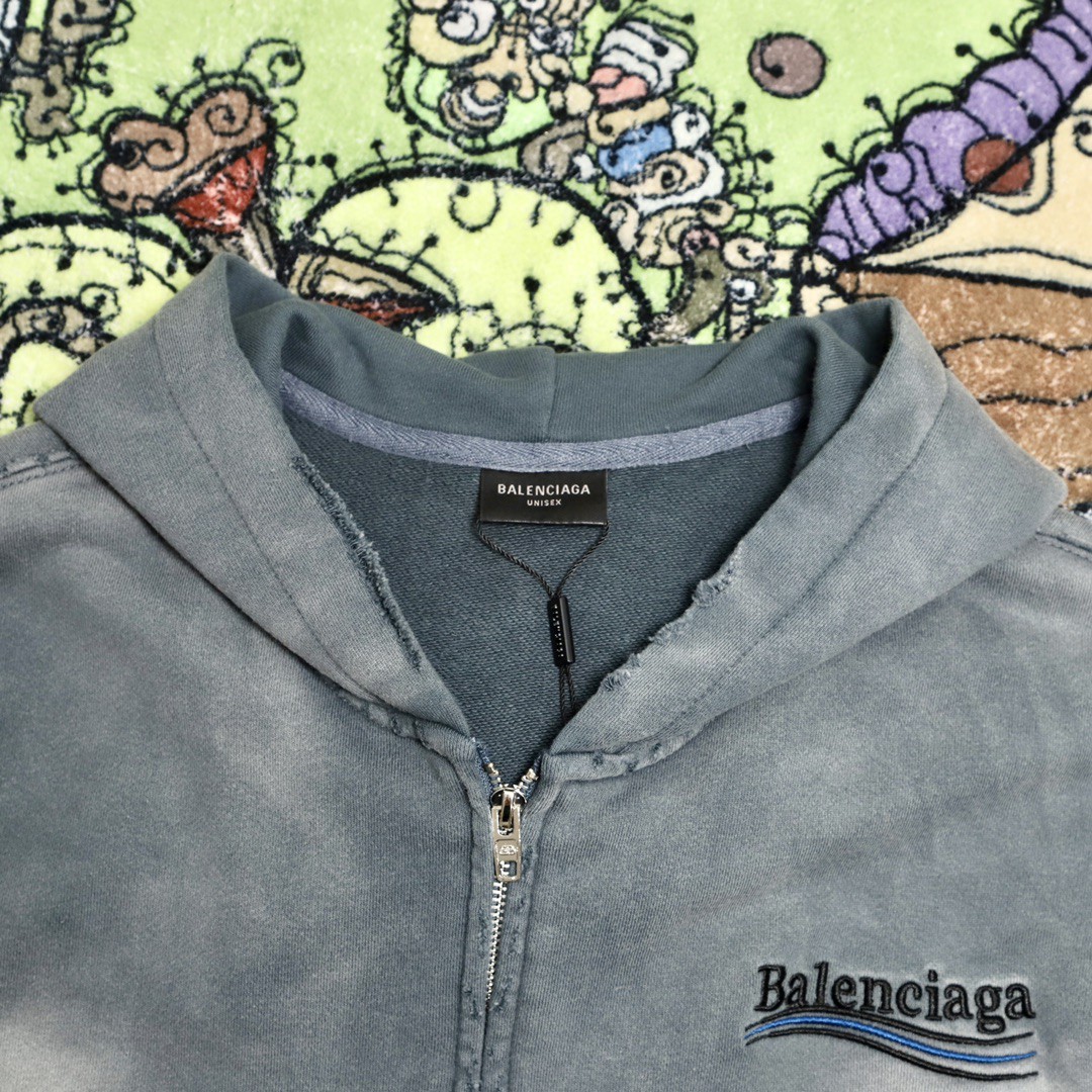 Balenciaga 巴黎世家 波浪字母刺绣Logo 扎染连帽拉链卫衣 宽松 男女同款 灰色