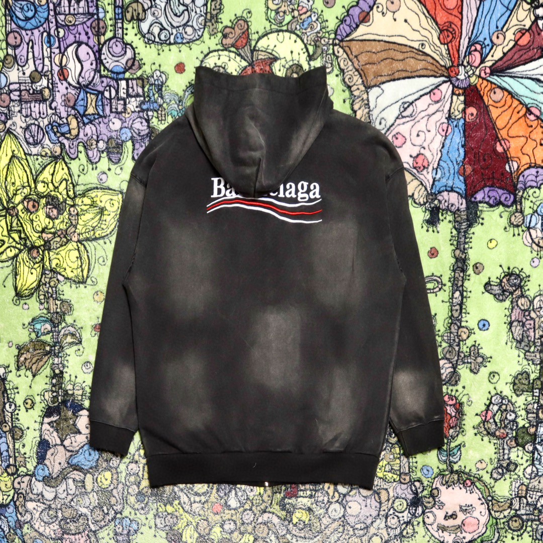 Balenciaga 巴黎世家 波浪字母刺绣Logo 扎染连帽拉链卫衣 宽松 男女同款 黑色