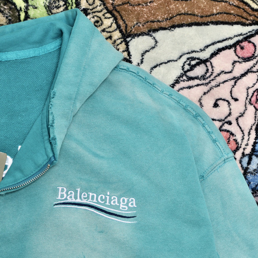 Balenciaga 巴黎世家 波浪字母刺绣Logo 扎染连帽拉链卫衣 宽松 男女同款 蓝色