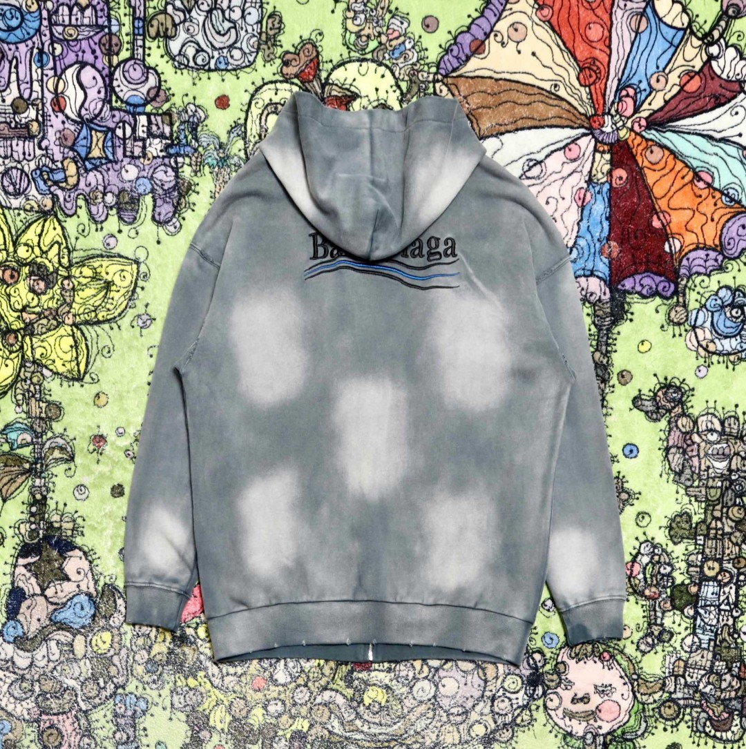 Balenciaga 巴黎世家 波浪字母刺绣Logo 扎染连帽拉链卫衣 宽松 男女同款 灰色