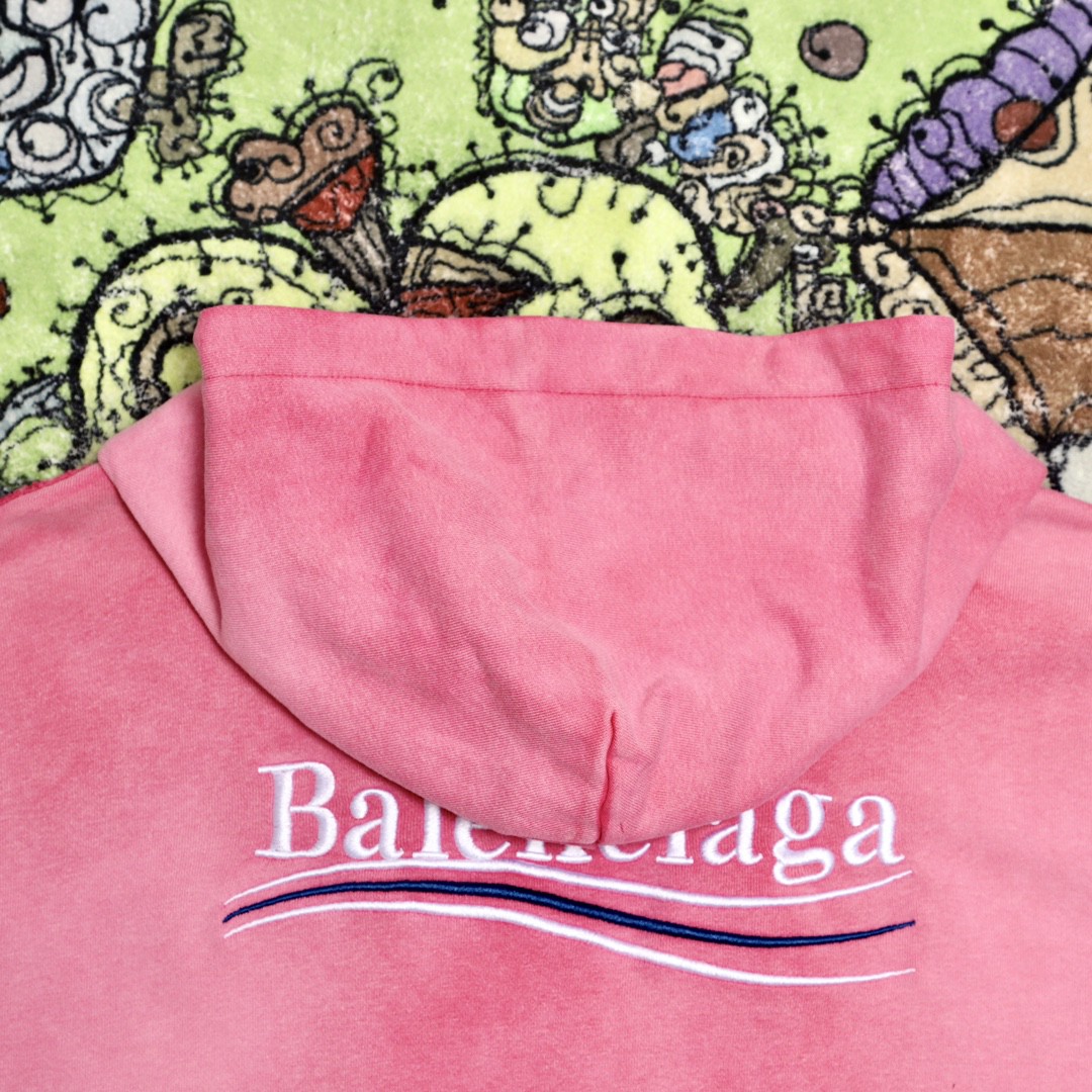 Balenciaga 巴黎世家 波浪字母刺绣Logo 扎染连帽拉链卫衣 宽松 男女同款 粉色