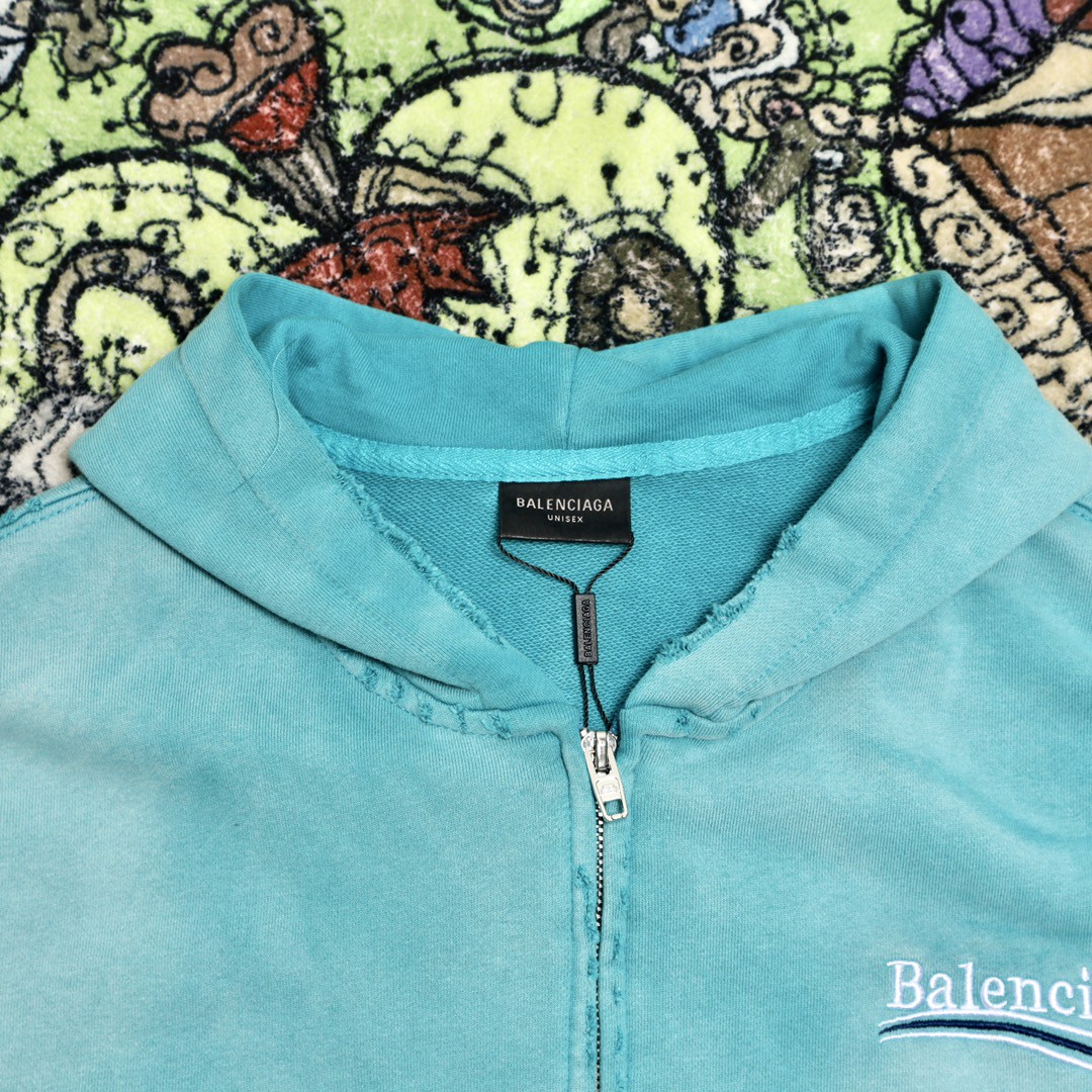 Balenciaga 巴黎世家 波浪字母刺绣Logo 扎染连帽拉链卫衣 宽松 男女同款 蓝色