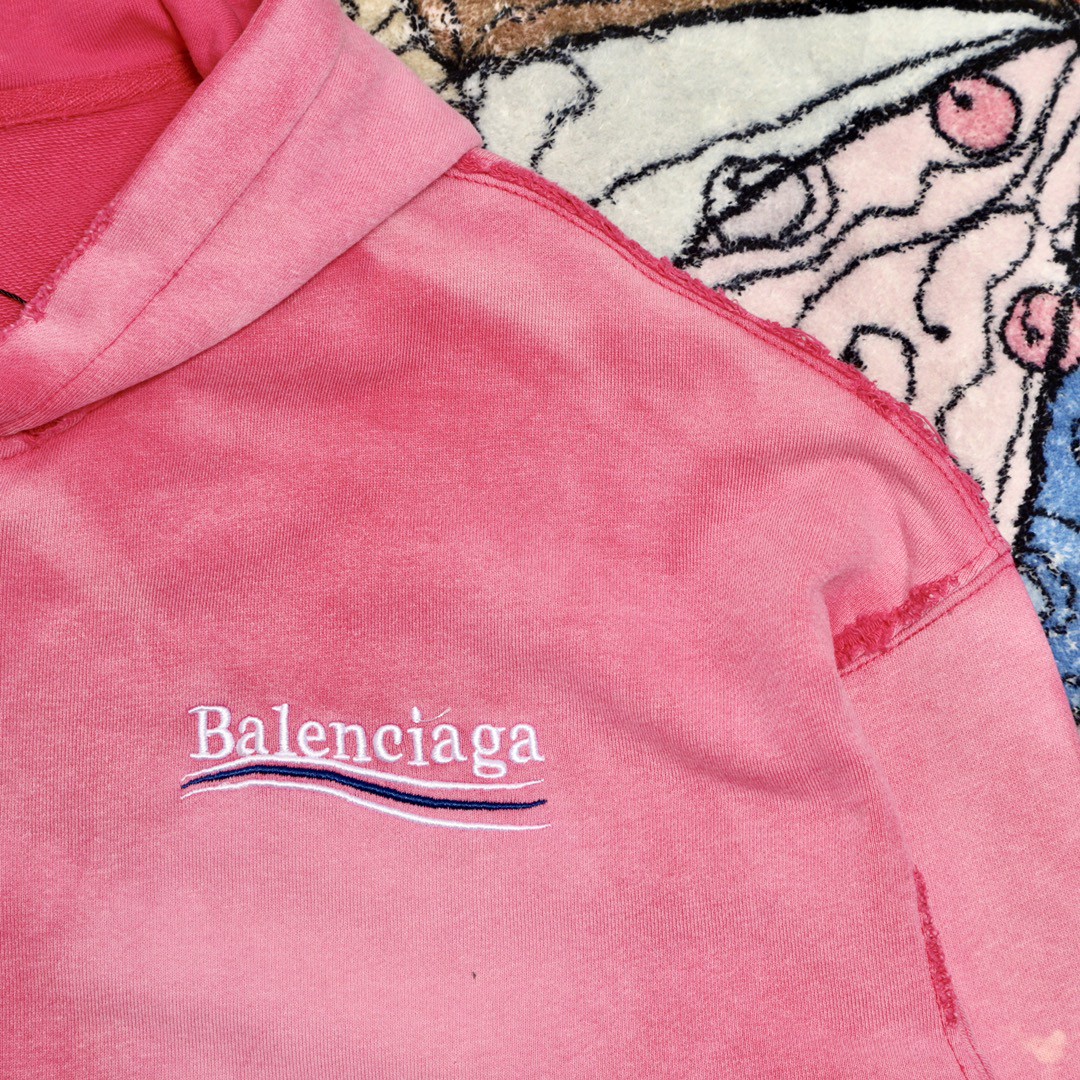 Balenciaga 巴黎世家 波浪字母刺绣Logo 扎染连帽拉链卫衣 宽松 男女同款 粉色