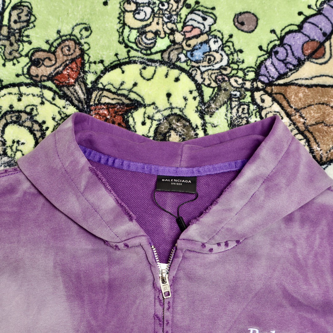 Balenciaga 巴黎世家 波浪字母刺绣Logo 扎染连帽拉链卫衣 宽松 男女同款 紫色