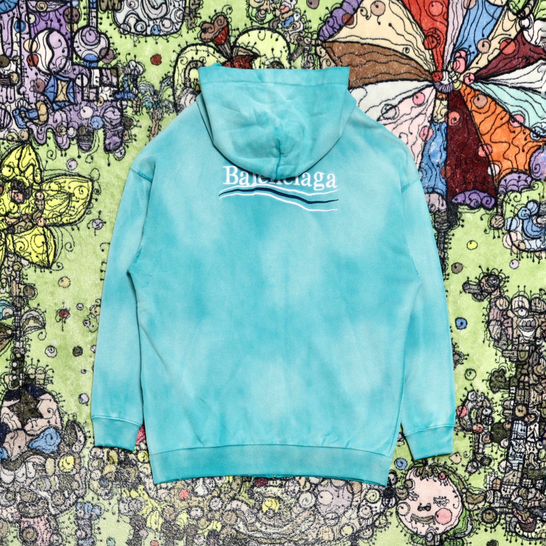 Balenciaga 巴黎世家 波浪字母刺绣Logo 扎染连帽拉链卫衣 宽松 男女同款 蓝色