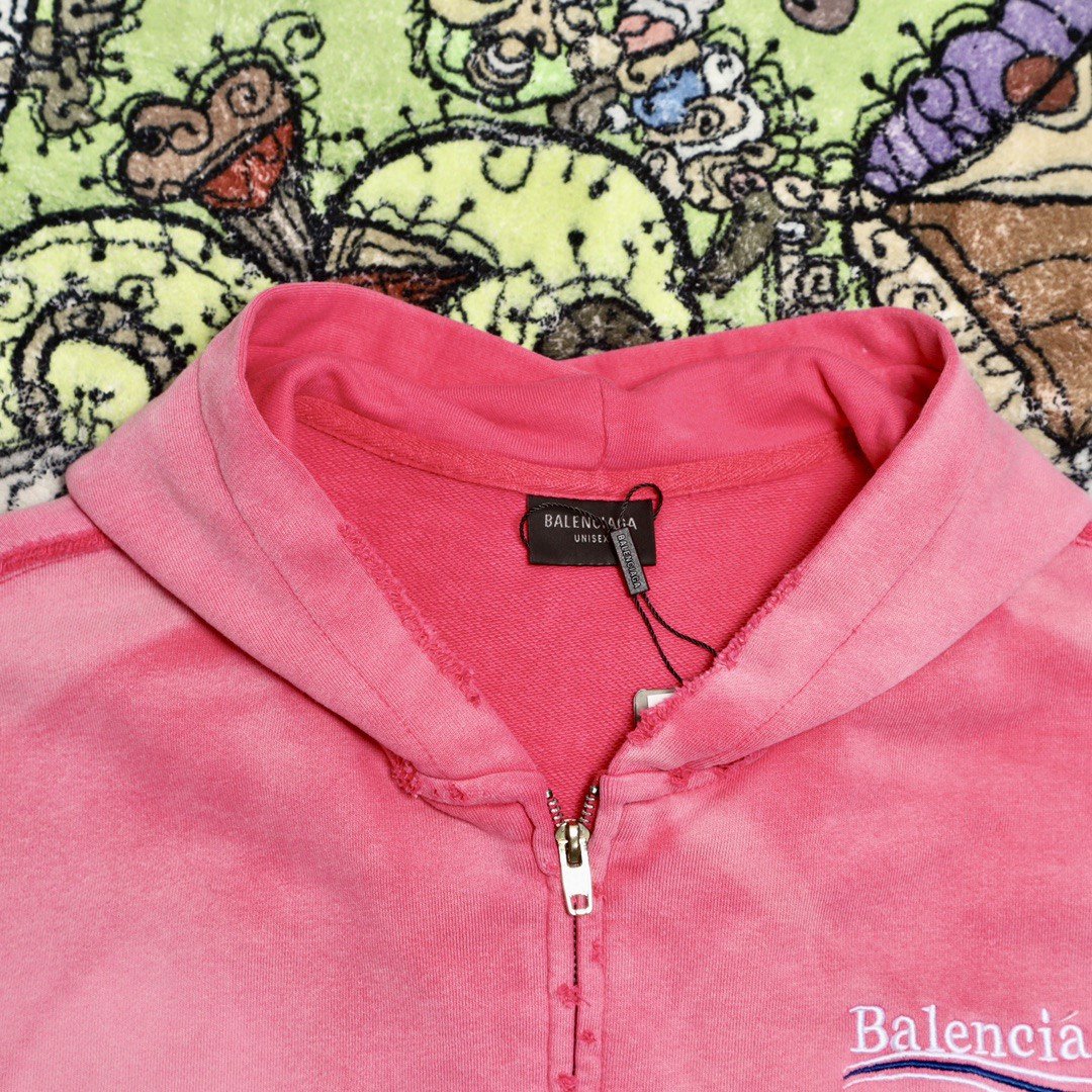 Balenciaga 巴黎世家 波浪字母刺绣Logo 扎染连帽拉链卫衣 宽松 男女同款 粉色