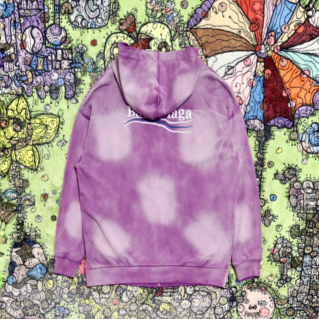 Balenciaga 巴黎世家 波浪字母刺绣Logo 扎染连帽拉链卫衣 宽松 男女同款 紫色