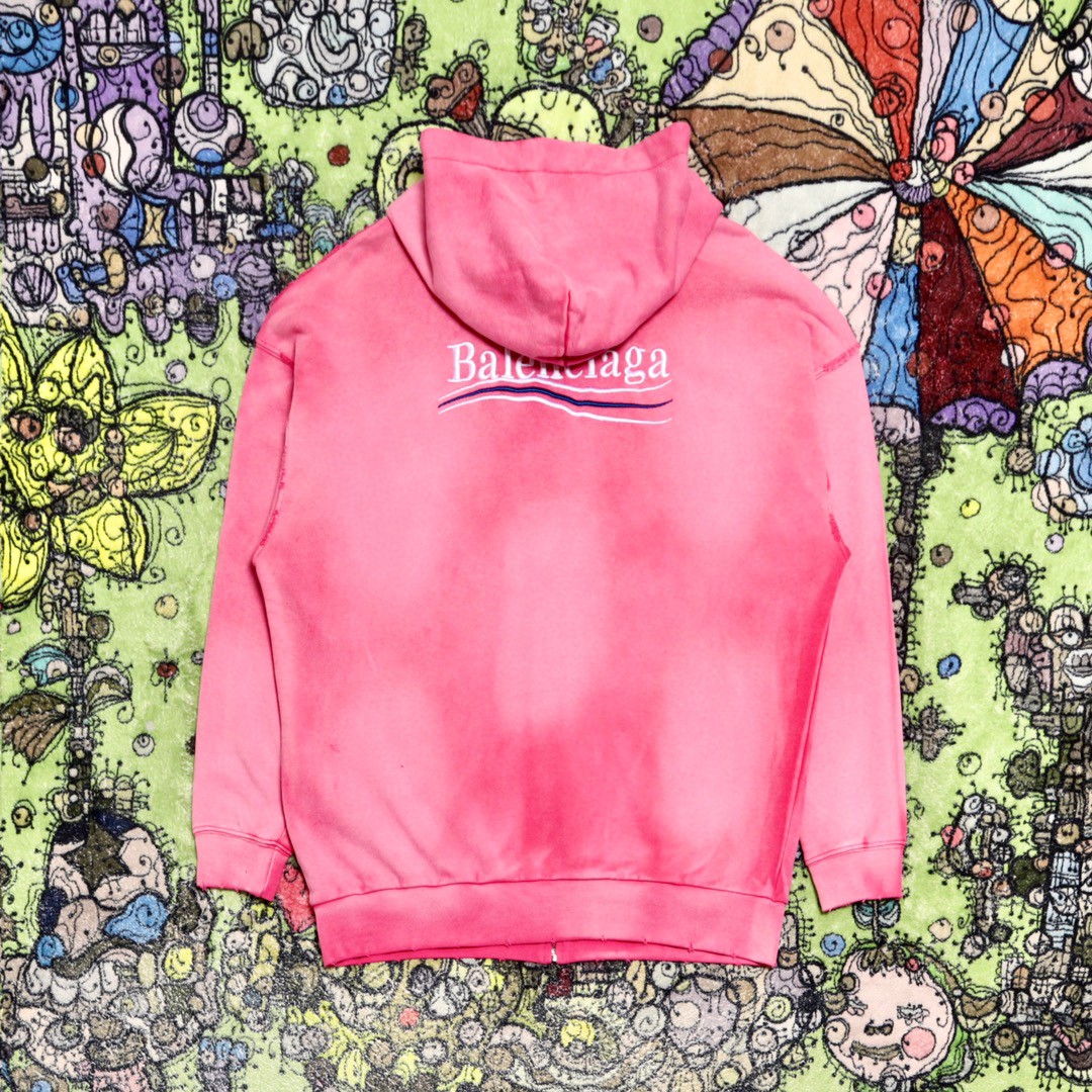 Balenciaga 巴黎世家 波浪字母刺绣Logo 扎染连帽拉链卫衣 宽松 男女同款 粉色