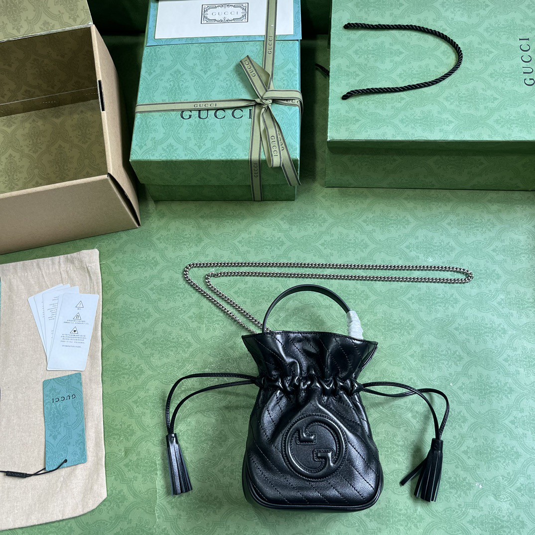 原厂皮 GUCCI 古驰 Blondie 抽绳开合流苏皮革 水桶包 斜挎包 手提包 黑色 760313-AACP7-1000