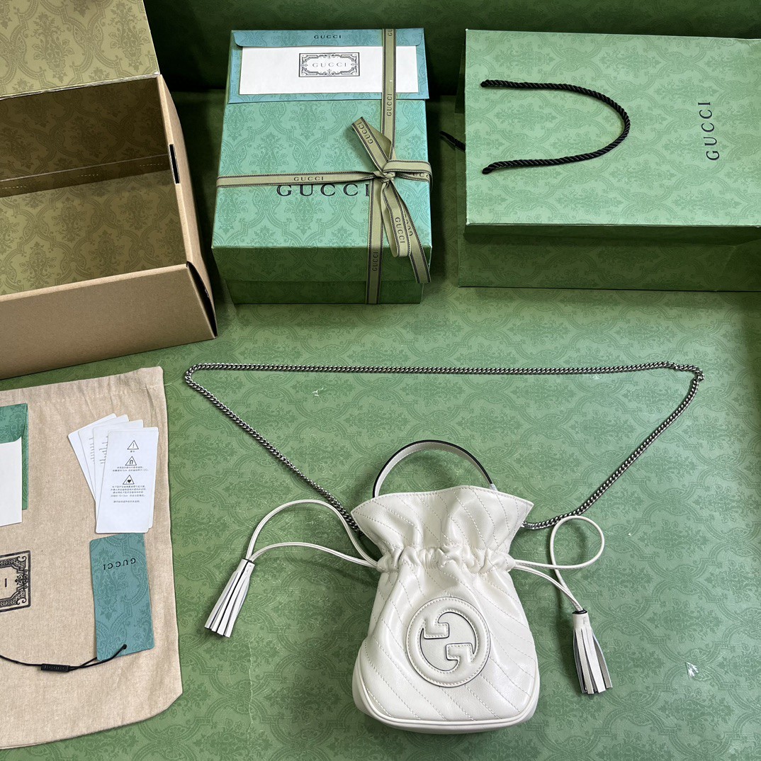原厂皮 GUCCI 古驰 Blondie 抽绳开合流苏皮革 水桶包 斜挎包 手提包 白色 760313-AACP7-9022