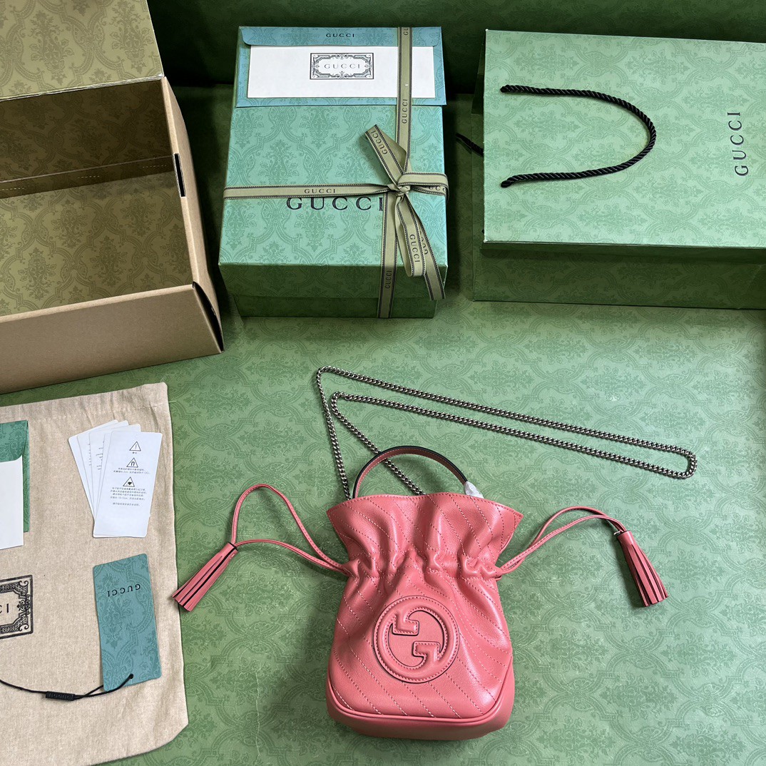 原厂皮 GUCCI 古驰 Blondie 抽绳开合流苏皮革 水桶包 斜挎包 手提包 粉色 760313-AACP7-6701