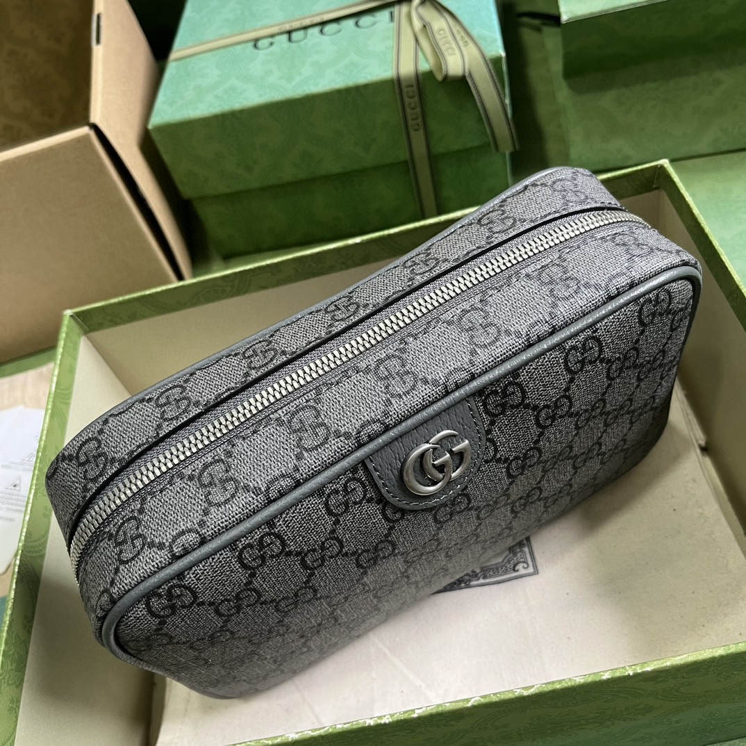 原厂皮 GUCCI 古驰 双G造型银色调配件帆布 洗漱包 手拿包 手提包 黑色 760019