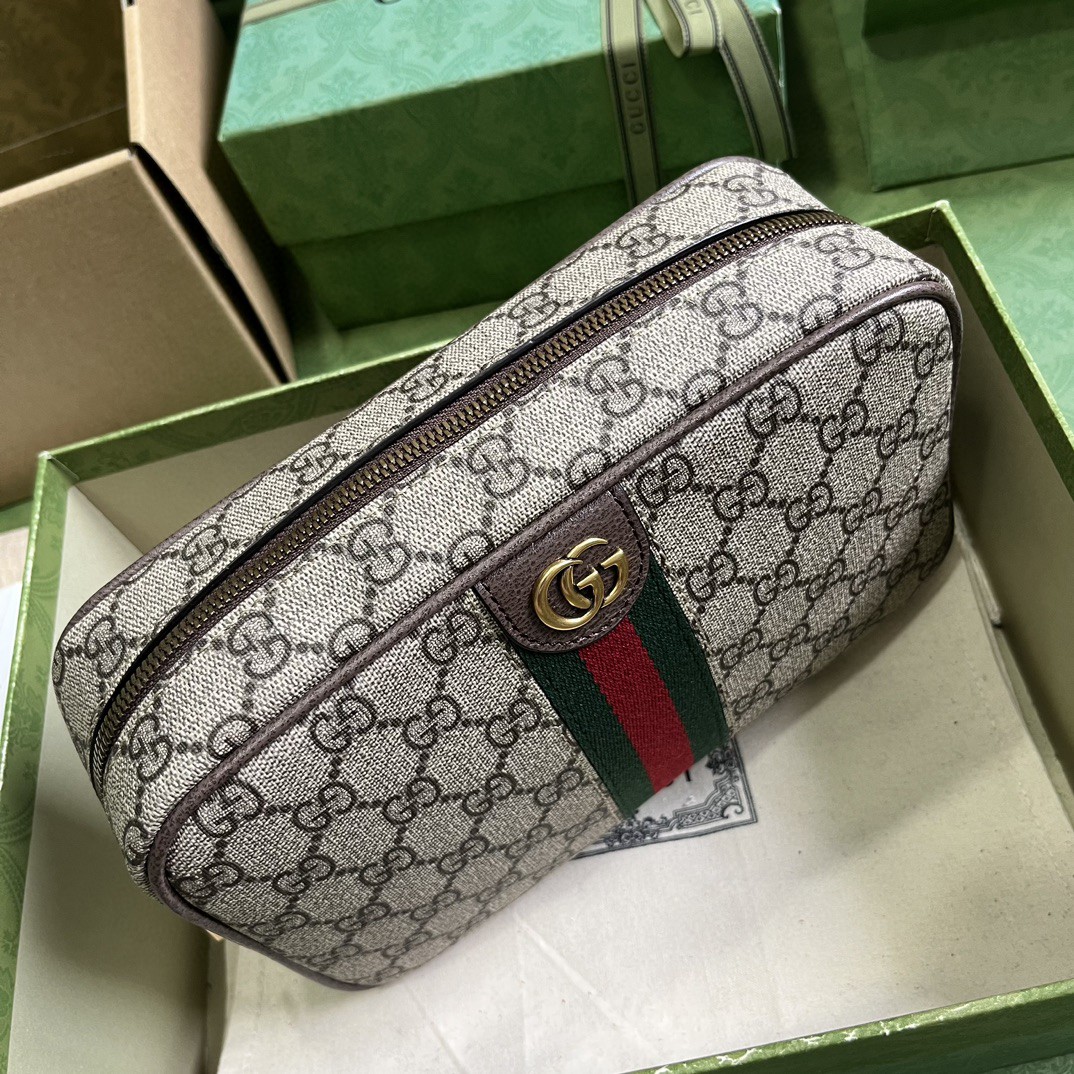 原厂皮 GUCCI 古驰 双G造型金色调配件帆布 洗漱包 手拿包 手提包 棕色 760019-96IWT-8745