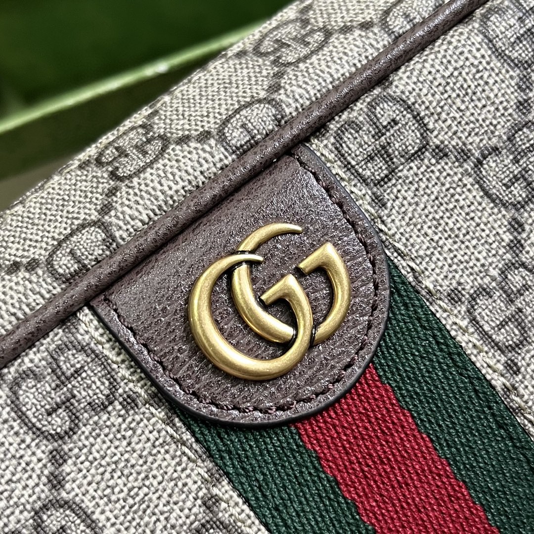原厂皮 GUCCI 古驰 双G造型金色调配件帆布 洗漱包 手拿包 手提包 棕色 760019-96IWT-8745
