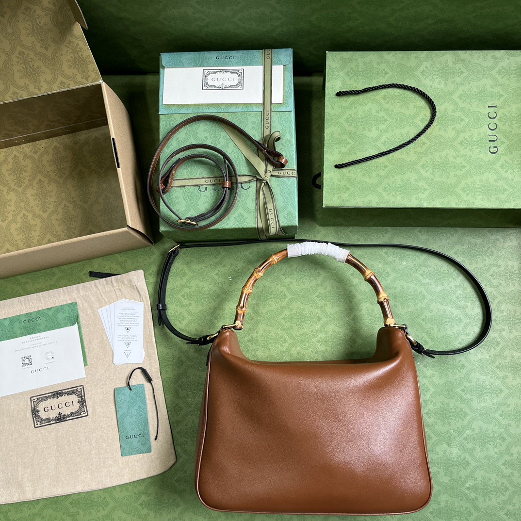 原厂皮 GUCCI 古驰 Diana 竹节 磁扣开合皮革 斜挎包 单肩包 手提包 大号 棕色 746245-UAAAY-2548