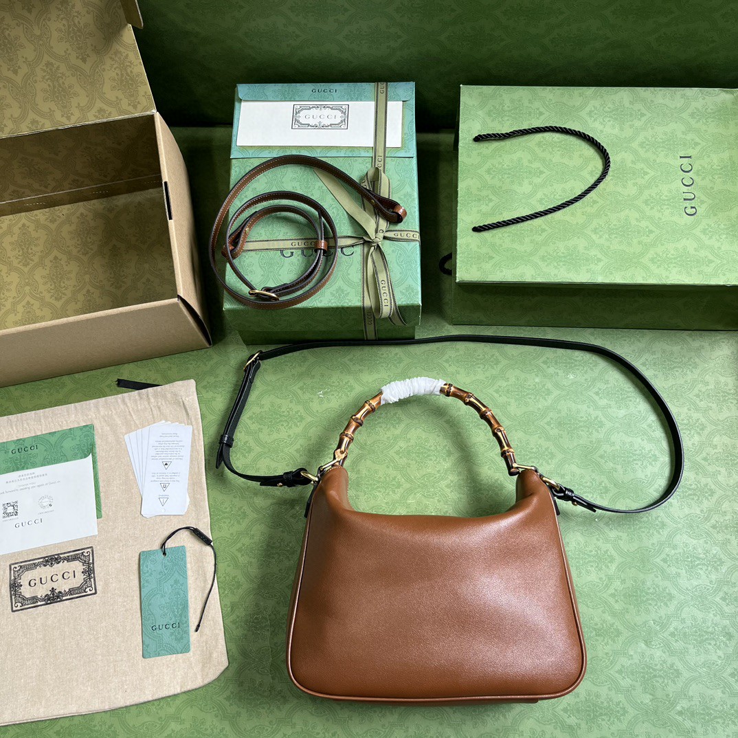 原厂皮 GUCCI 古驰 Diana 竹节 磁扣开合皮革 斜挎包 单肩包 手提包 中号 棕色 746124-UAAAY-2548