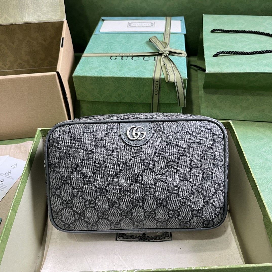 原厂皮 GUCCI 古驰 双G造型银色调配件帆布 洗漱包 手拿包 手提包 黑色 760019