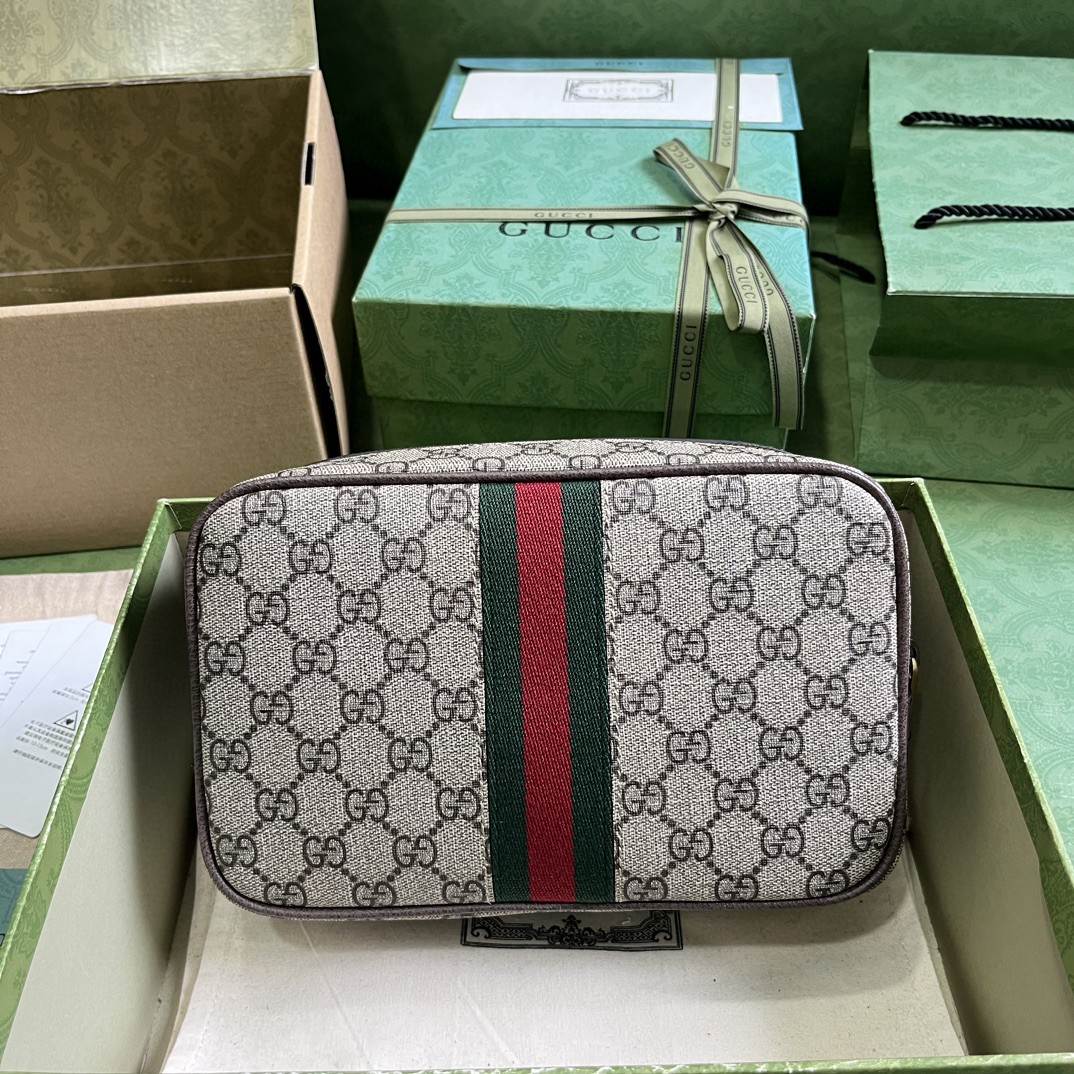 原厂皮 GUCCI 古驰 双G造型金色调配件帆布 洗漱包 手拿包 手提包 棕色 760019-96IWT-8745