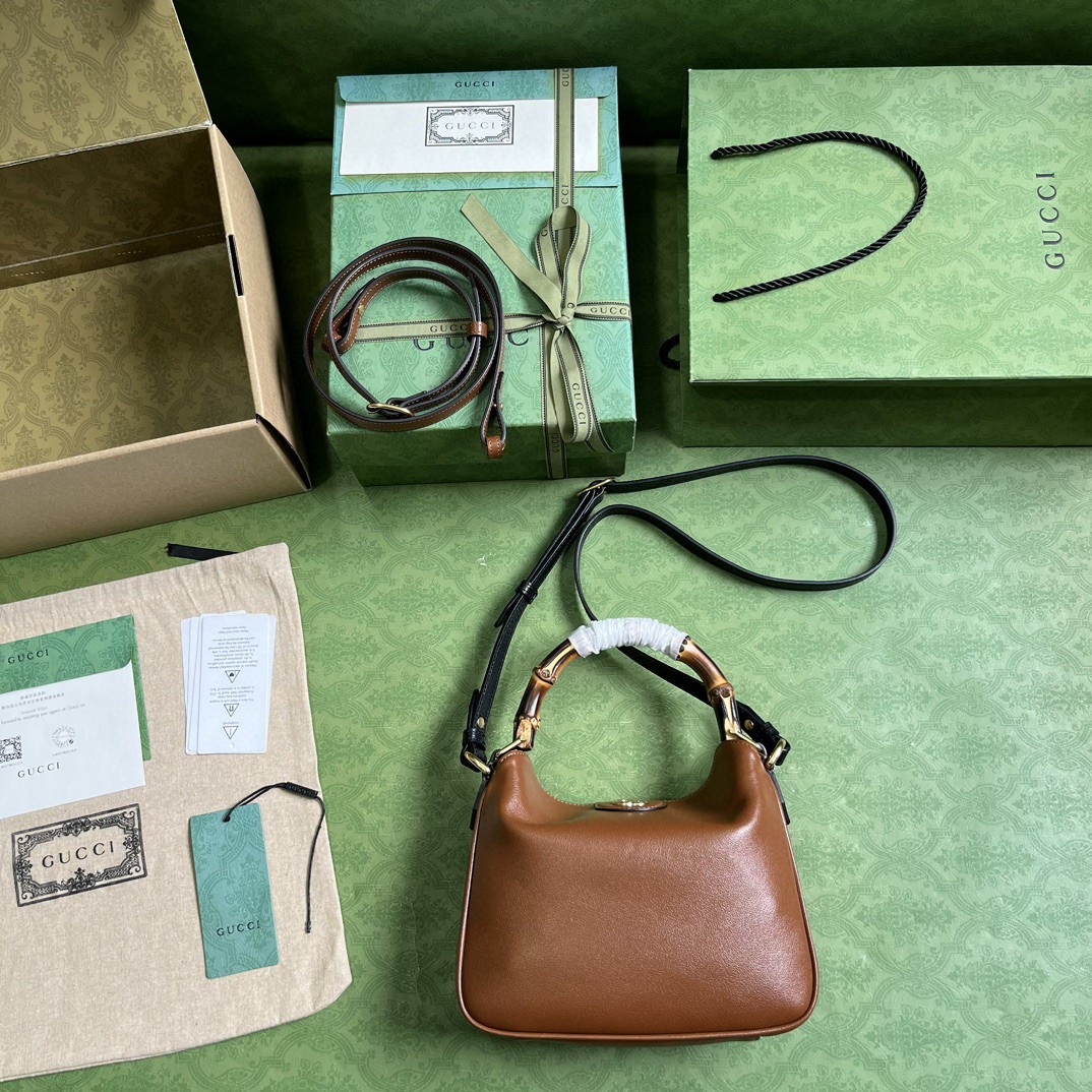 原厂皮 GUCCI 古驰 Diana 竹节 磁扣开合皮革 斜挎包 单肩包 手提包 小号 棕色 746251-UAAAY-2548