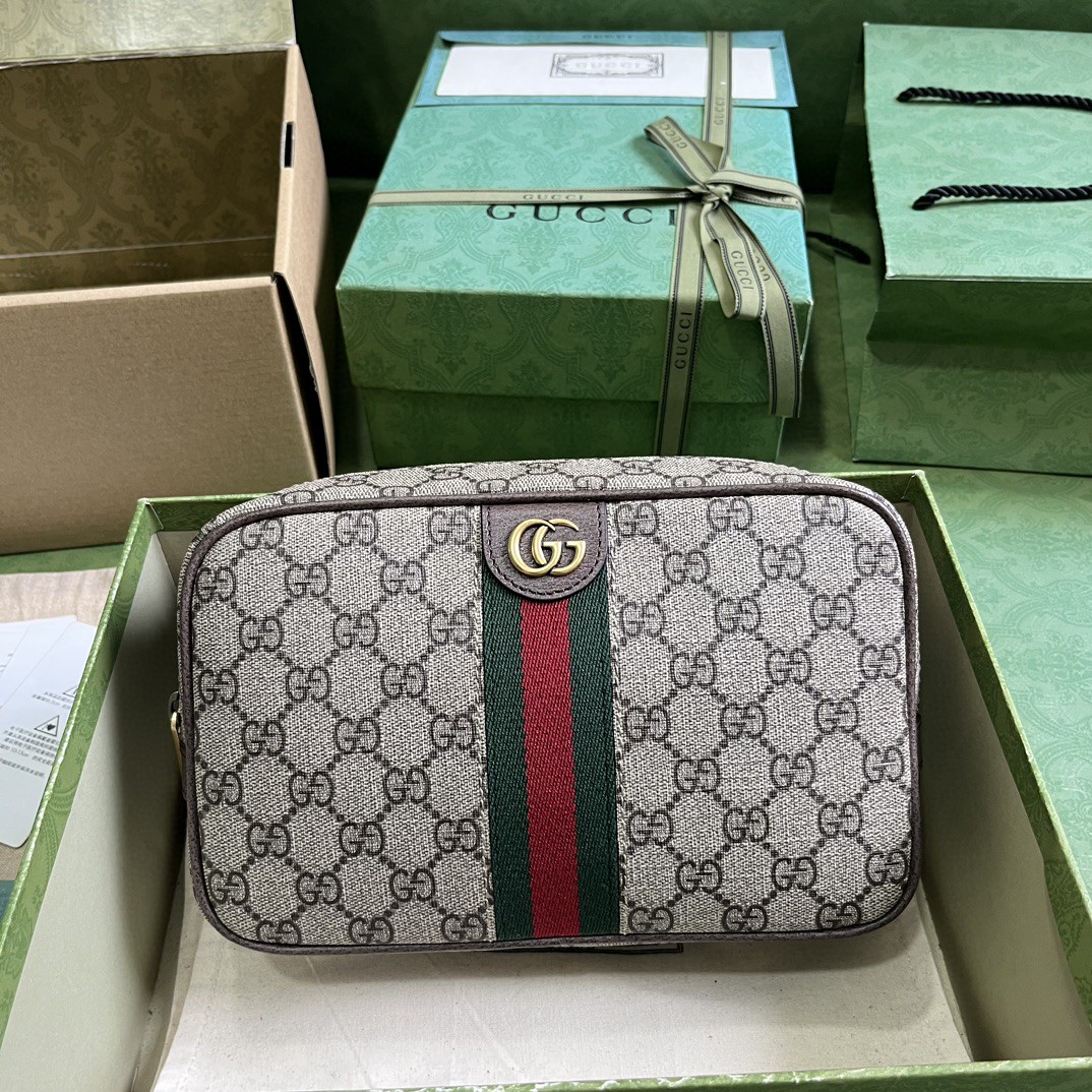原厂皮 GUCCI 古驰 双G造型金色调配件帆布 洗漱包 手拿包 手提包 棕色 760019-96IWT-8745