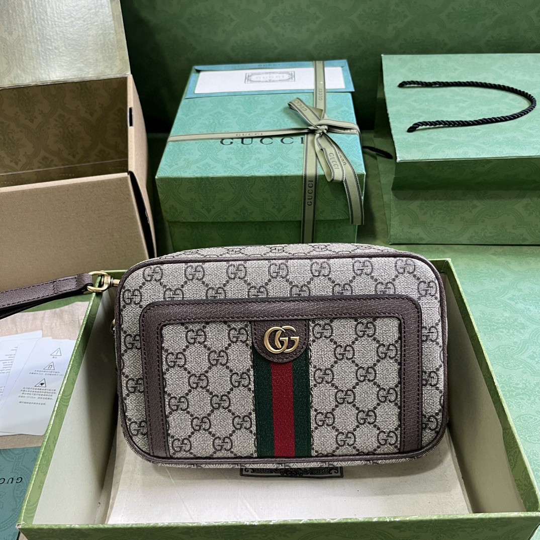 原厂皮 GUCCI 古驰 Ophidia 通体双G Logo 印花 手拿包 手提包 棕色
