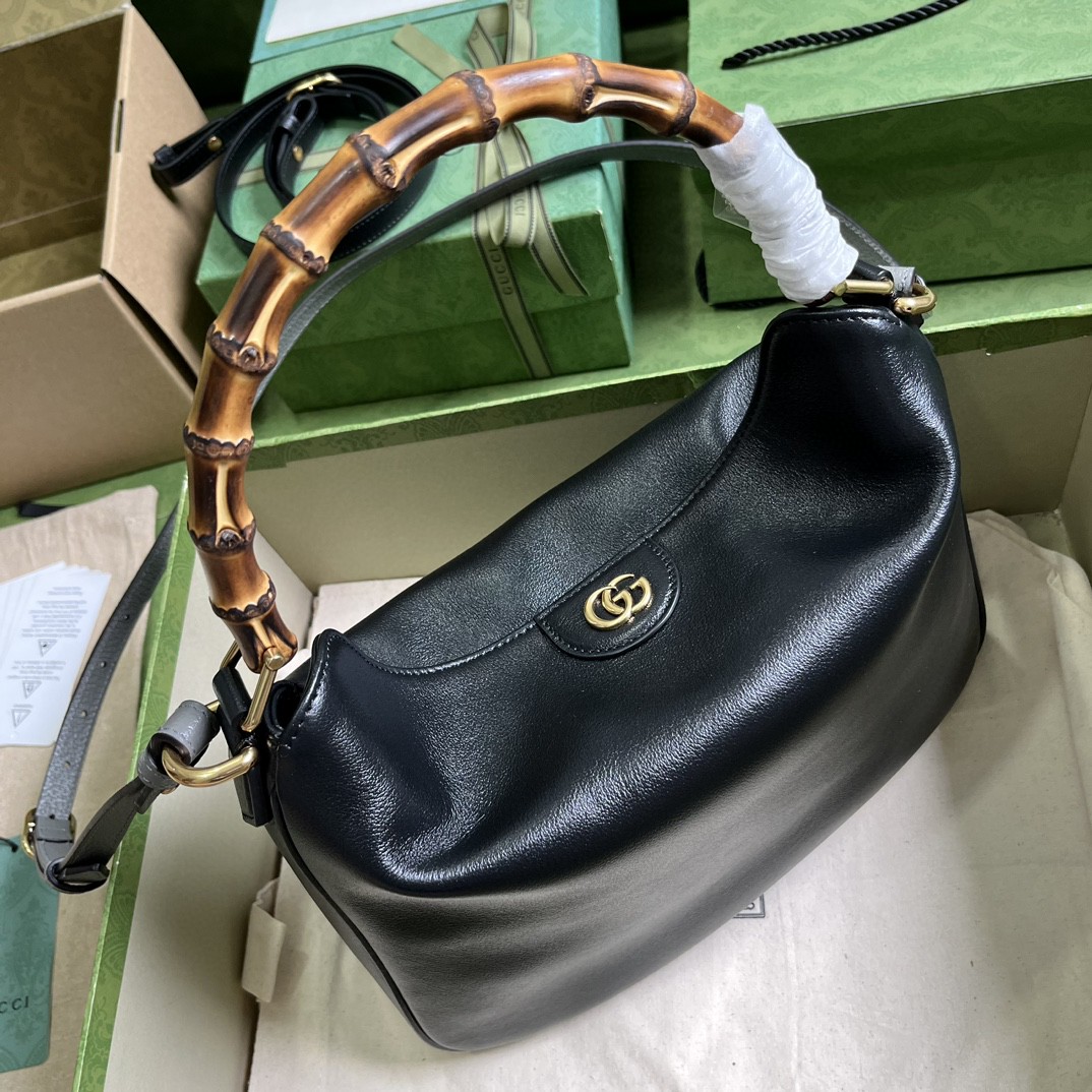 原厂皮 GUCCI 古驰 Diana 竹节 磁扣开合皮革 斜挎包 单肩包 手提包 中号 黑色 746124-UAAAY-1092 