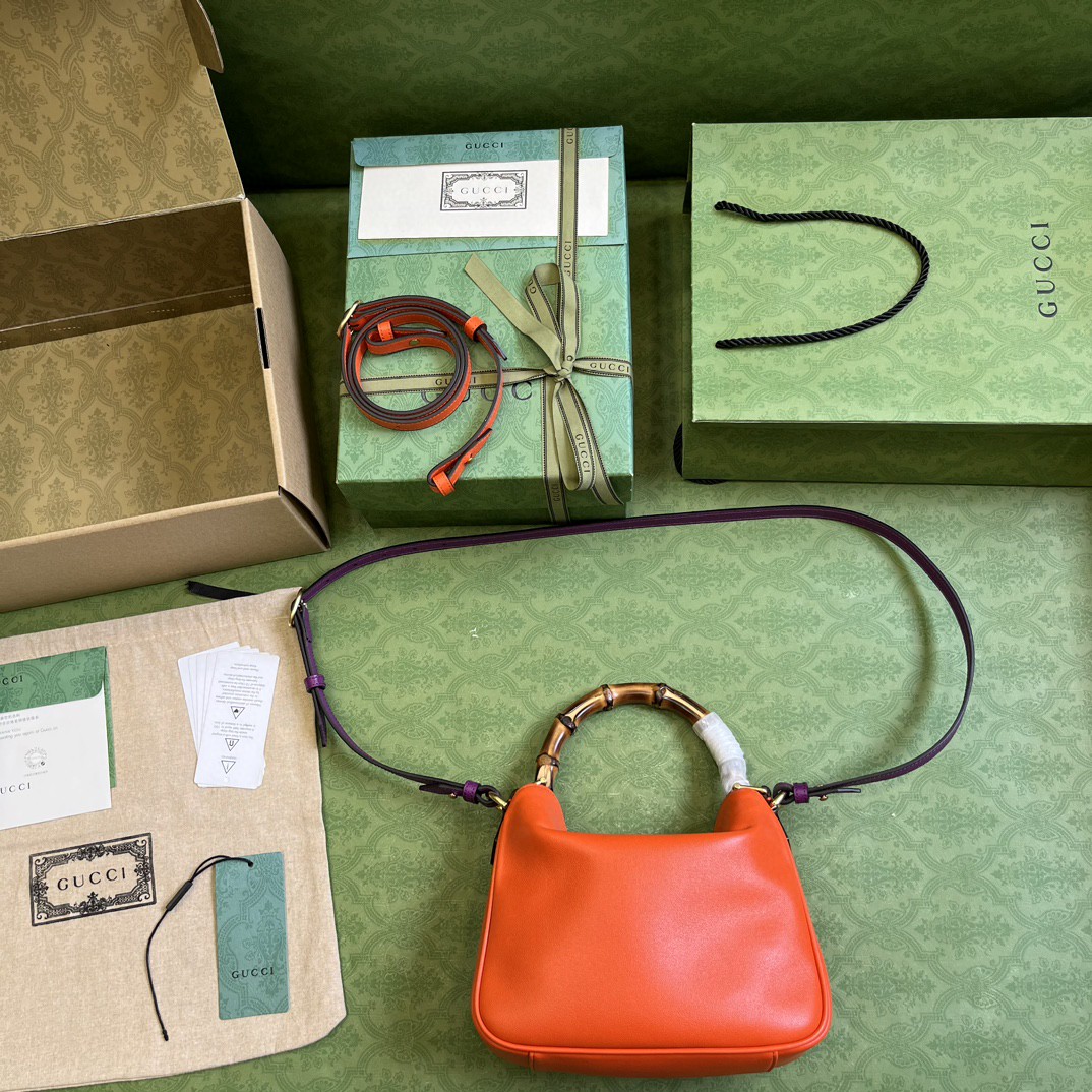 原厂皮 GUCCI 古驰 Diana 竹节 磁扣开合皮革 斜挎包 单肩包 手提包 小号 橙色 746251-UAAAY-7564