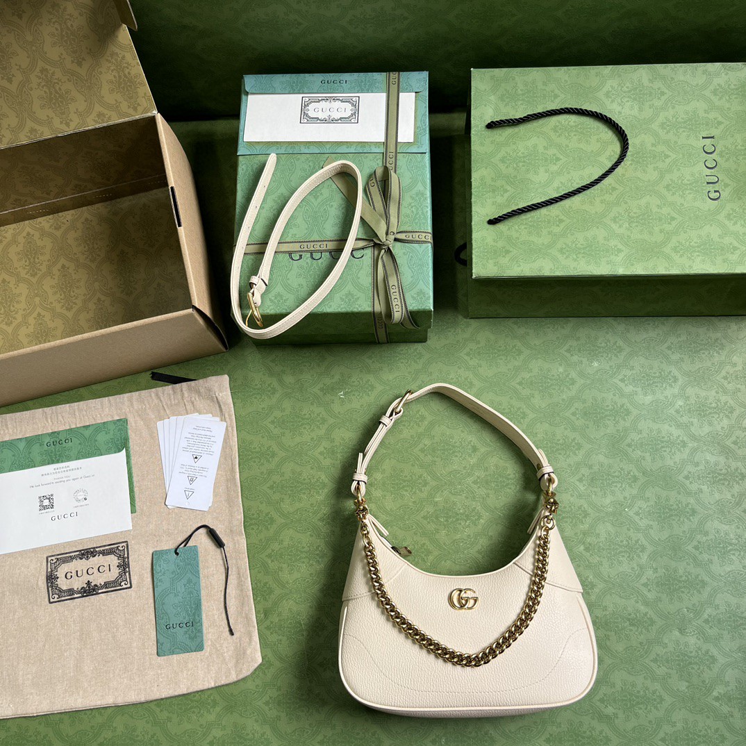 原厂皮 GUCCI 古驰 Aphrodite 金色Logo拉链开合皮革新月腋下包 单肩包 斜挎包 手提包 小号 象牙白 731817-AAA9F-9004