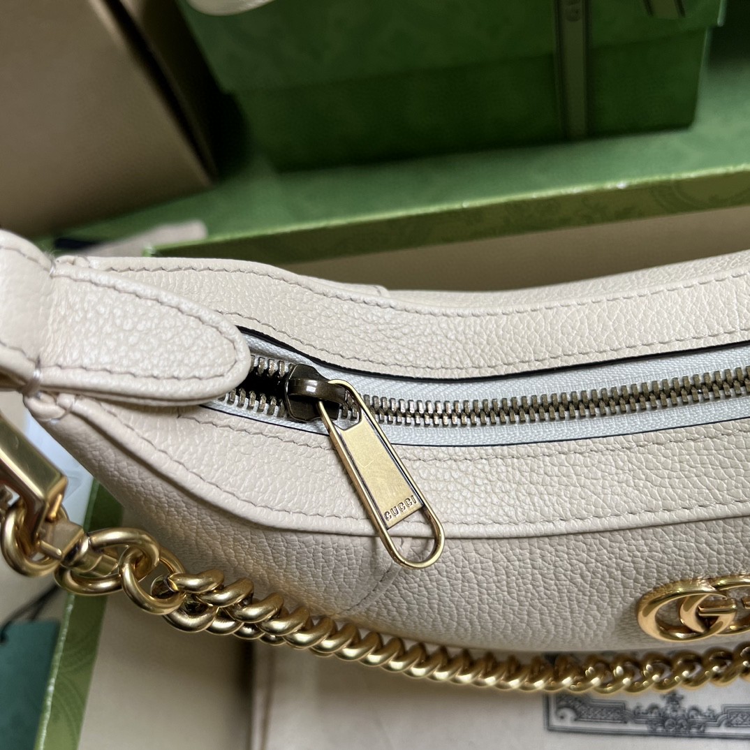 原厂皮 GUCCI 古驰 Aphrodite 金色Logo拉链开合皮革新月腋下包 单肩包 斜挎包 手提包 小号 象牙白 731817-AAA9F-9004
