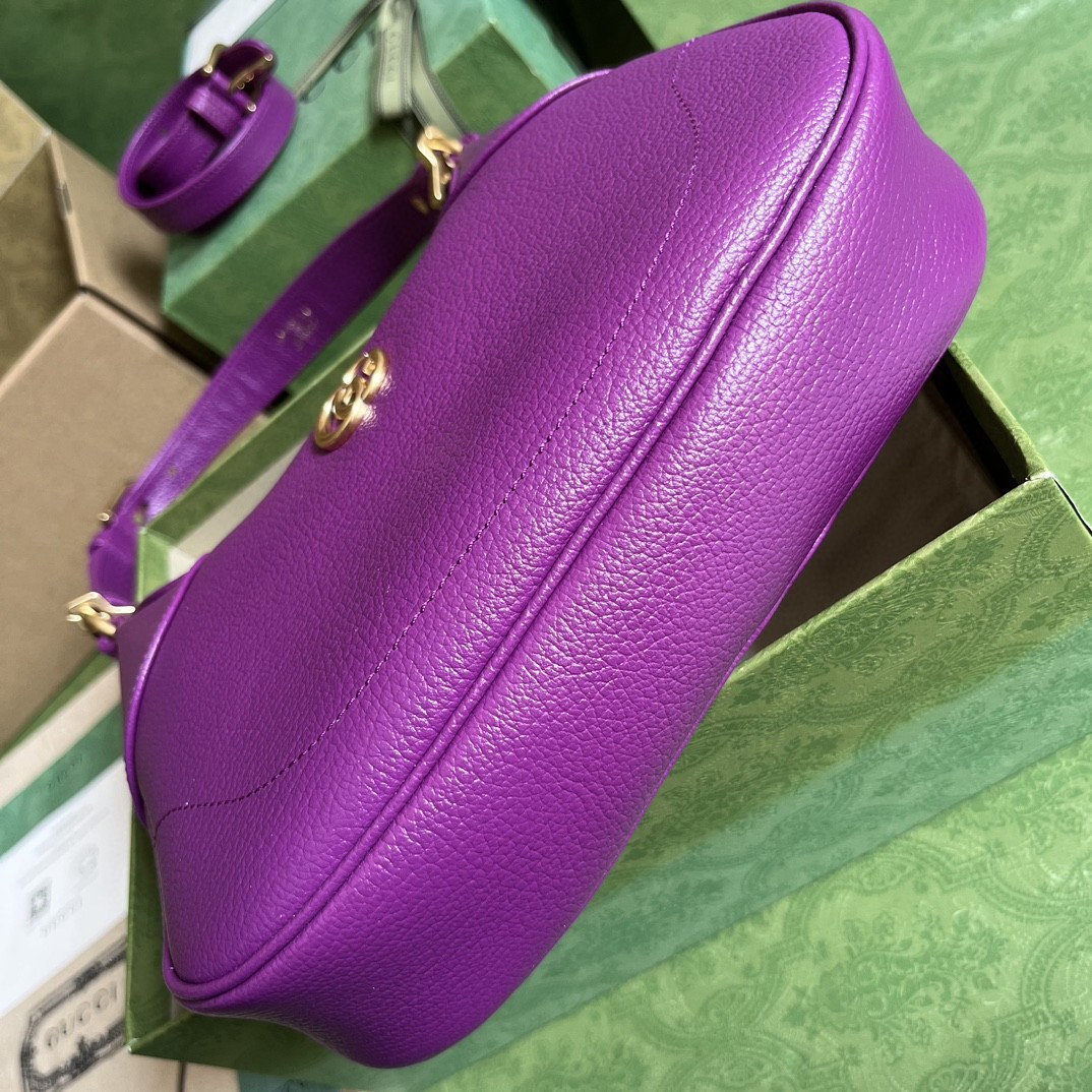 原厂皮 GUCCI 古驰 Aphrodite 金色Logo拉链开合皮革新月腋下包 单肩包 斜挎包 手提包 小号 紫色 731817-AAA9F-5235