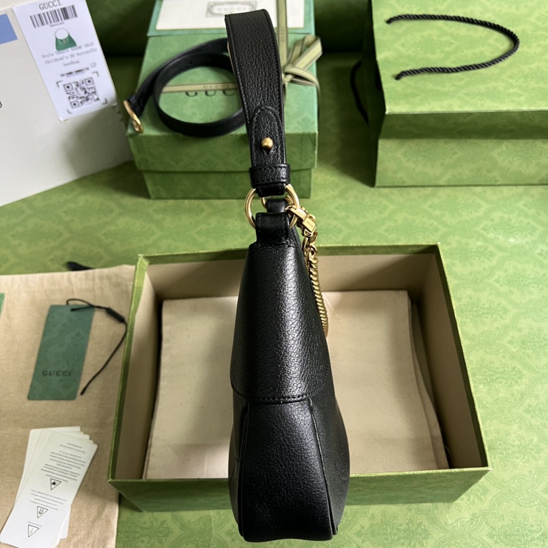 原厂皮 GUCCI 古驰 Aphrodite 金色Logo拉链开合皮革新月腋下包 单肩包 斜挎包 手提包 小号 黑色 731817-AAA9F-1000