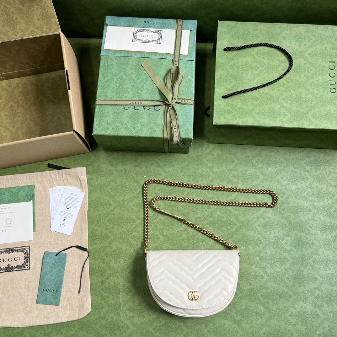 原厂皮 GUCCI 古驰 GG Marmont系列 双徽标链条肩带珩缝人字纹皮革 单肩包 斜挎包 手提包 白色 746431-DTDHT-9022