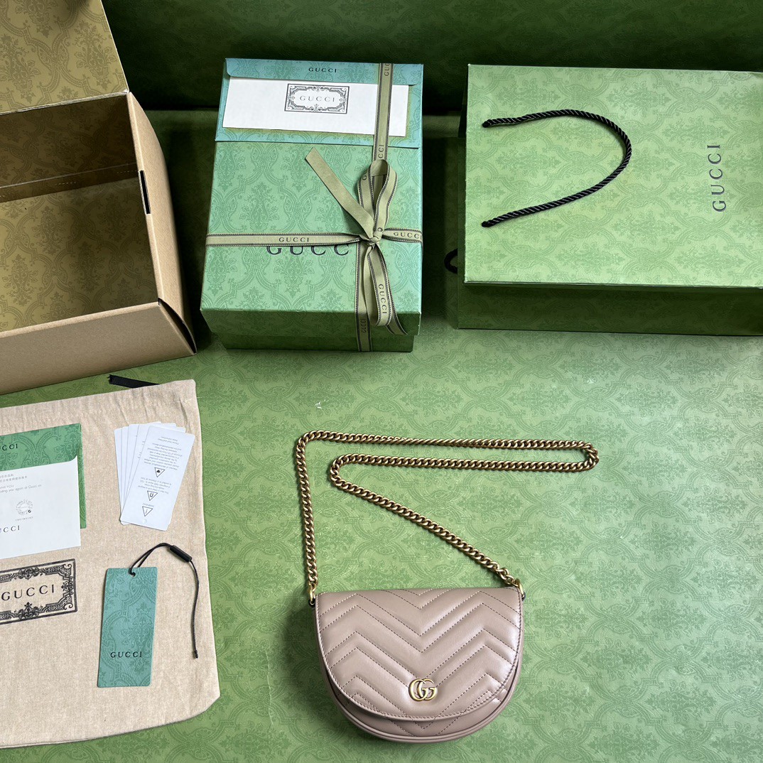 原厂皮 GUCCI 古驰 GG Marmont系列 双徽标链条肩带珩缝人字纹皮革 单肩包 斜挎包 手提包 奶茶色 746431