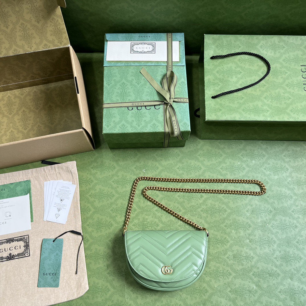 原厂皮 GUCCI 古驰 GG Marmont系列 双徽标链条肩带珩缝人字纹皮革 单肩包 斜挎包 手提包 绿色 746431