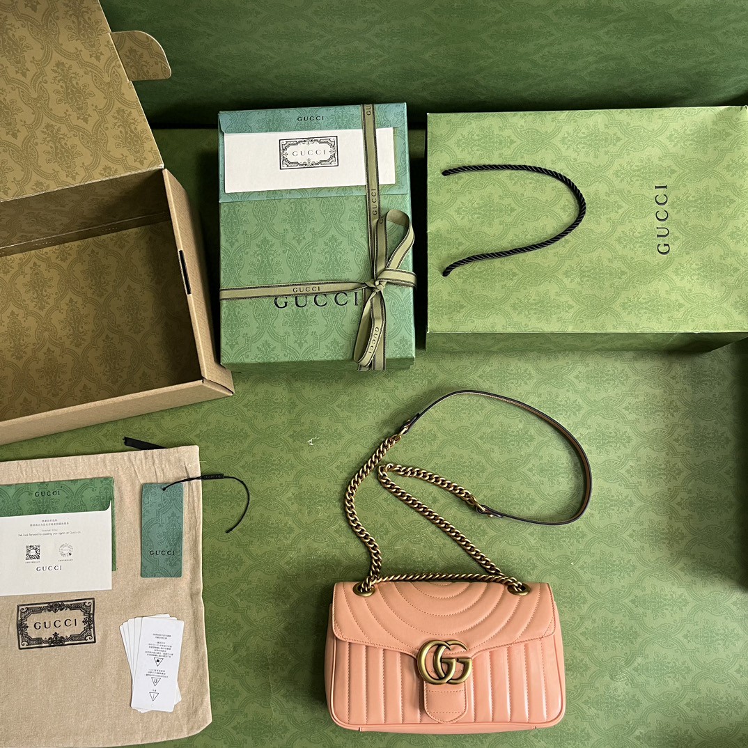 原厂皮 GUCCI 古驰 GG Marmont系列 双徽标链条肩带珩缝人字纹皮革 单肩包 斜挎包 手提包 粉色 443497-AABZE-6707