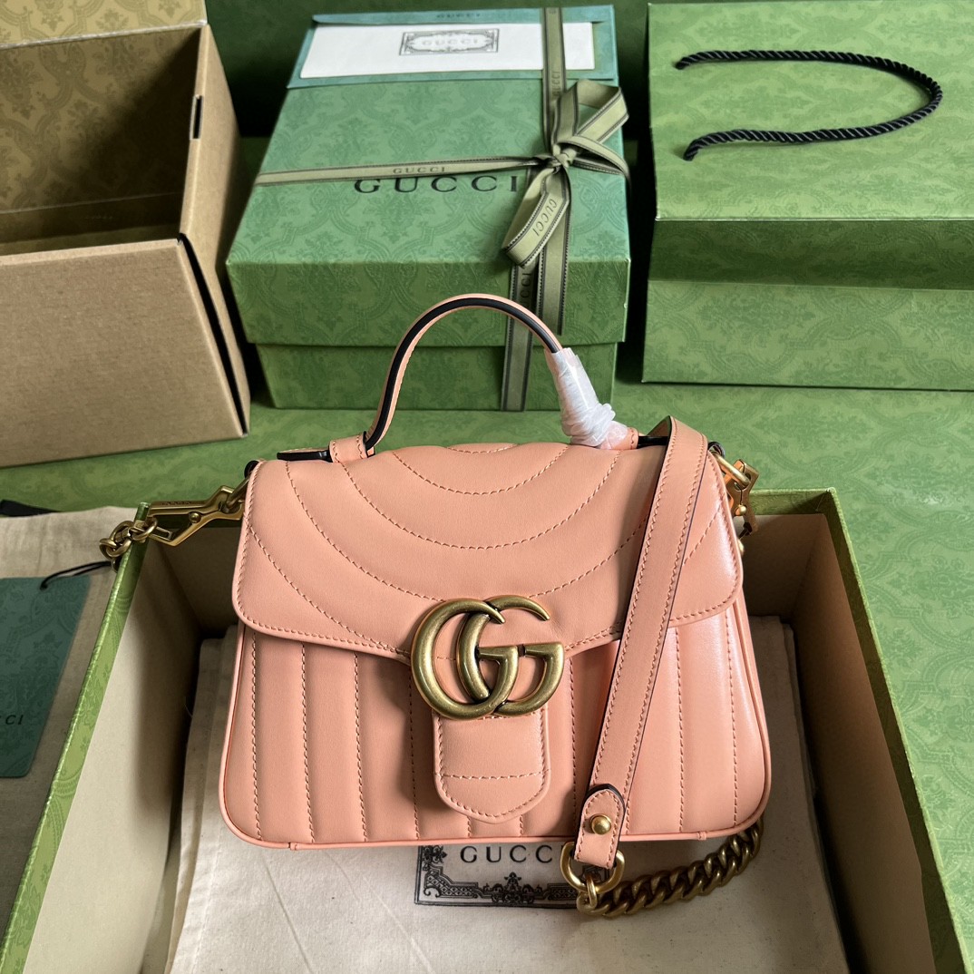 原厂皮 GUCCI 古驰 Marmont 系列 双G徽标拉链开合珩缝皮革 相机包 斜挎包 手提包 粉色 447632-AABZE-6707