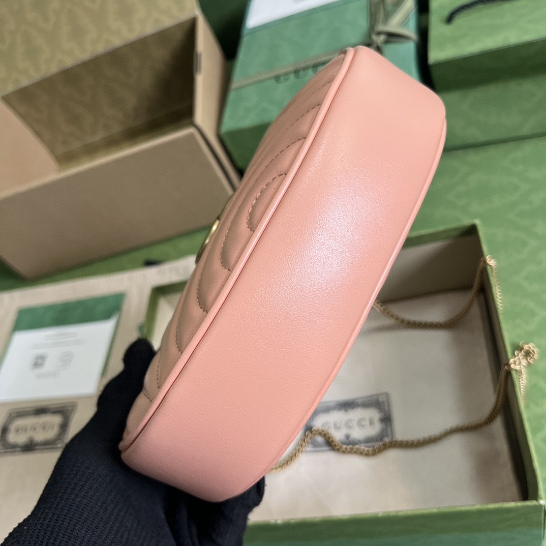 原厂皮 GUCCI 古驰 GG Marmont 系列 复古格调做旧 金标Logo珩缝V型皮革 斜挎包 手提包 粉色 699514-AABZN-6707