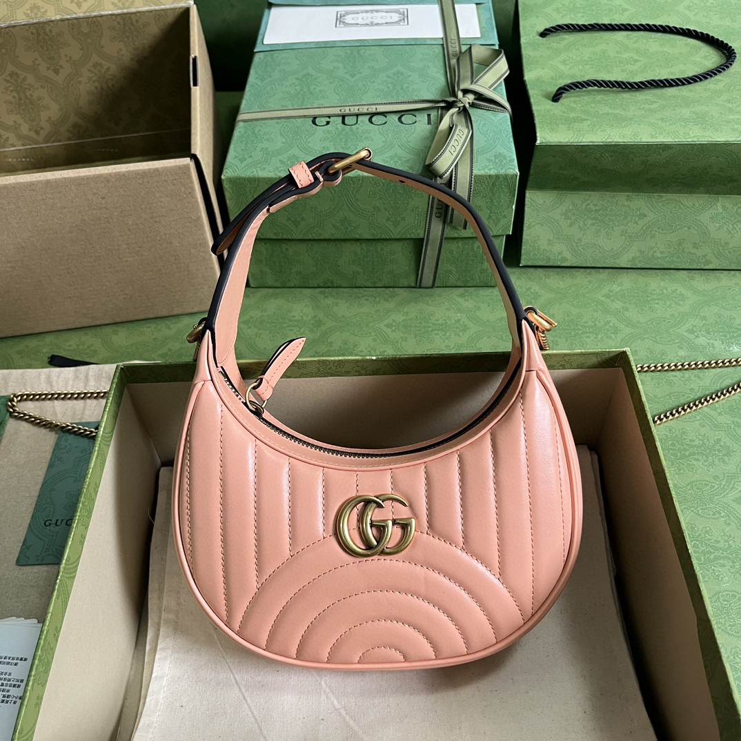 原厂皮 GUCCI 古驰 GG Marmont 系列 复古格调做旧 金标Logo珩缝V型皮革 斜挎包 手提包 粉色 699514-AABZN-6707
