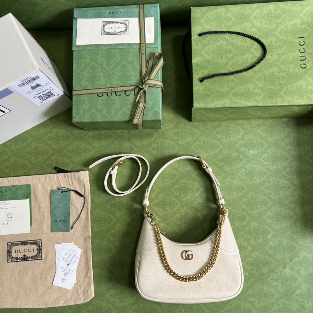 原厂皮 GUCCI 古驰 Aphrodite 金色Logo拉链开合皮革新月腋下包 单肩包 斜挎包 手提包 小号 白色 731817-AABE9-9022