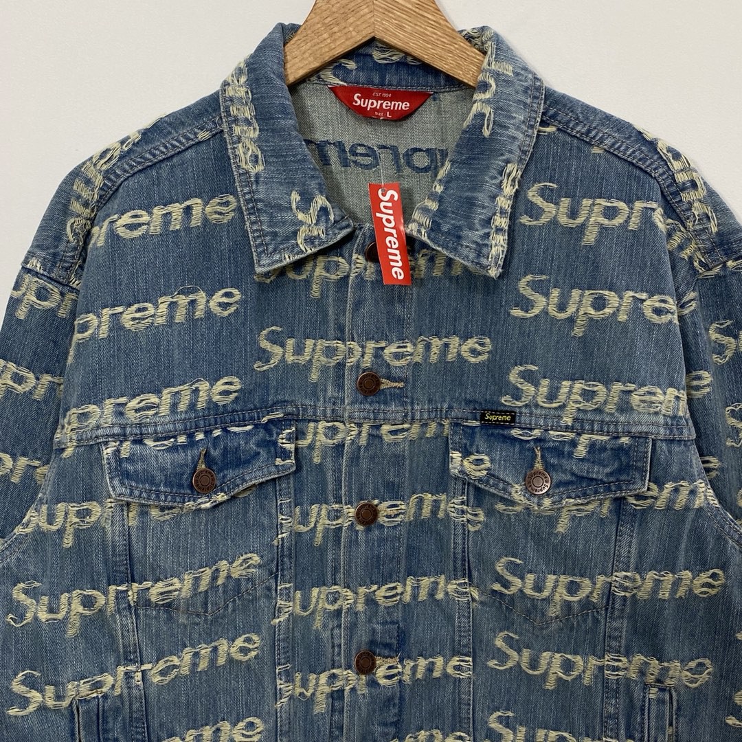 Supreme Week 10 Frayed Logos Denim Trucker Jacket 破坏徽标满印 Logo 蓝色 牛仔外套 